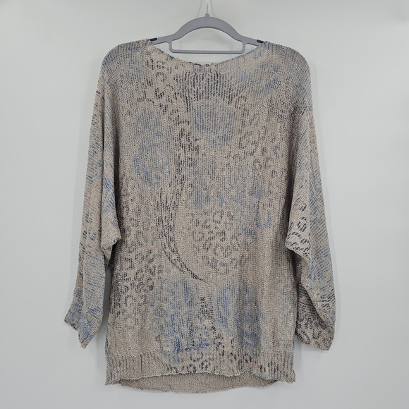 Sioni Womens Abstract Animal Print Open Knit Dolman Sleeve Sweater Beige Blue M - Picture 3 of 10